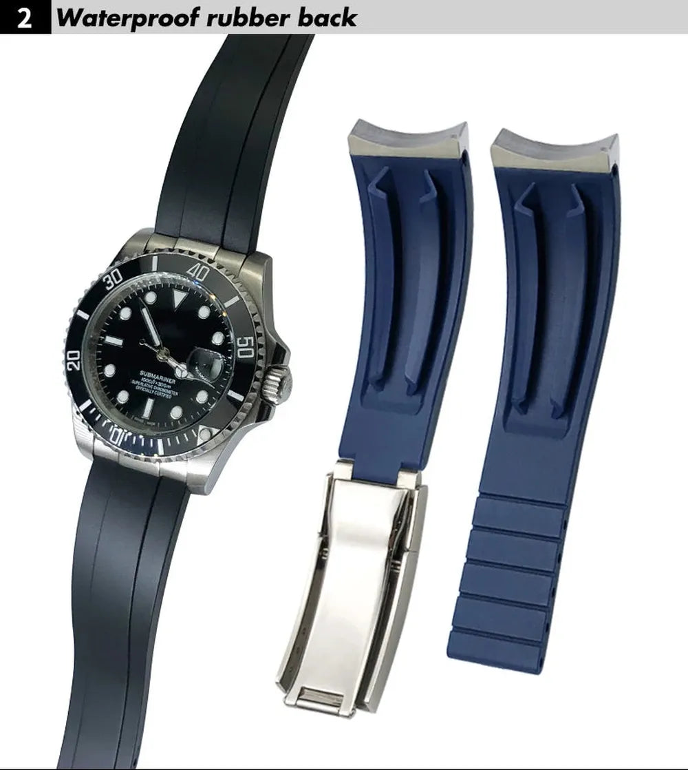 20mm 21mm Curved-End Rubber Watch Strap with Metal Link Adapter & Folding Clasp-VivaStraps-Viva Timepiece