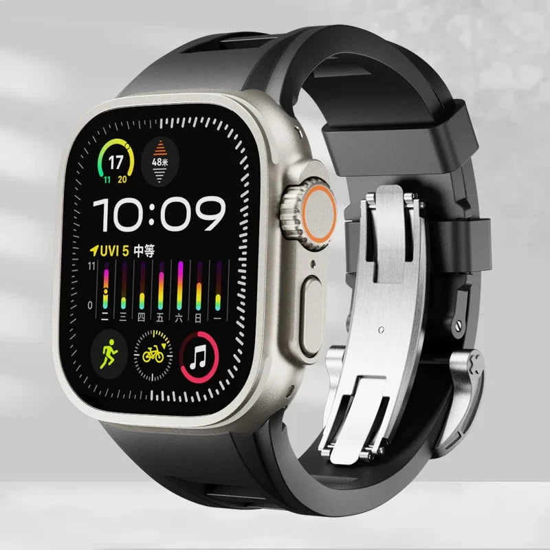 Soft Liquid Silicone Strap Universal Sports Apple Watch Bands black silver-folding buckle 42mm 44mm 45mm 49mm - BandXperience | Viva Timepiece