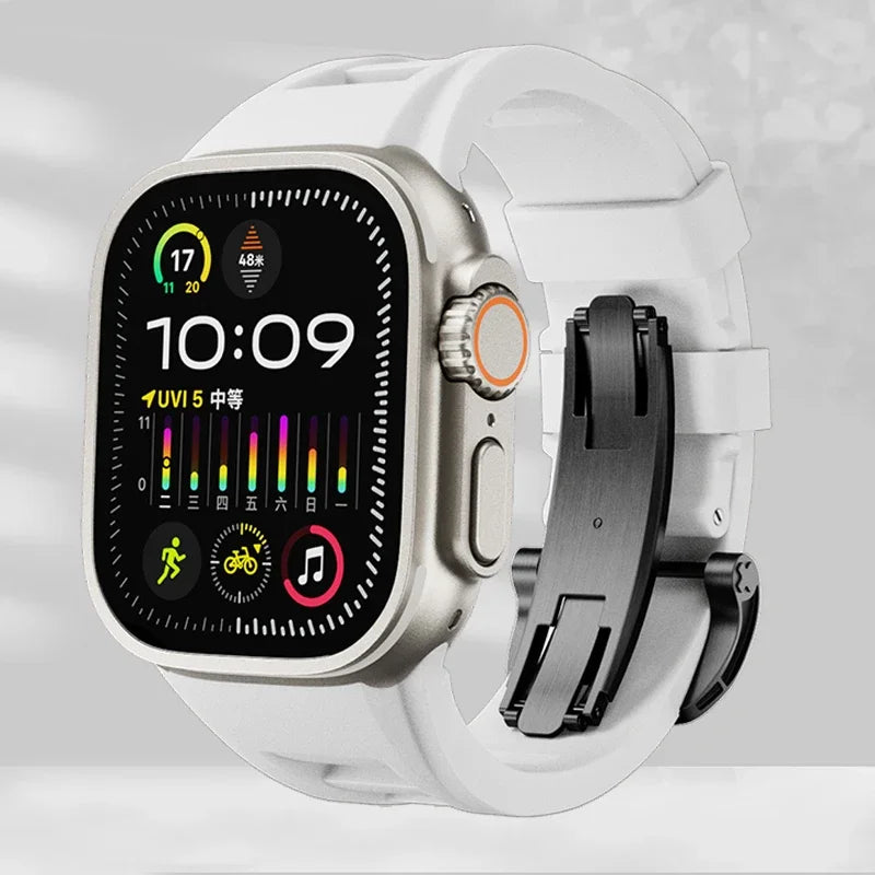 Soft Silicone Strap for Apple Watch Ultra 2 Sports Silicone Bracelet 49mm 45mm 44mm 42mm White silver folding Buckle 42mm 44mm 45mm 49mm