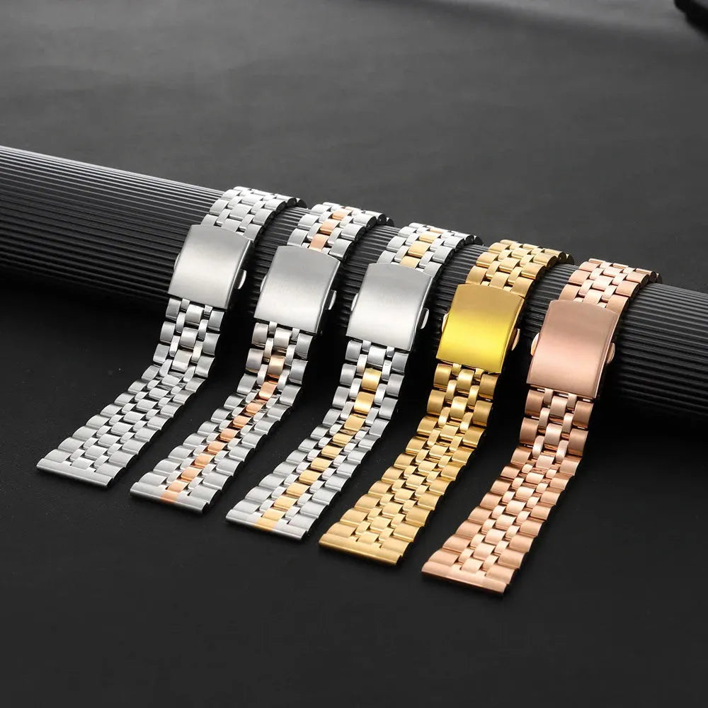 Solid Stainless Steel 5-Link Watch Band 20mm / 22mm – Folding Clasp-ChronoCraft-Viva Timepiece