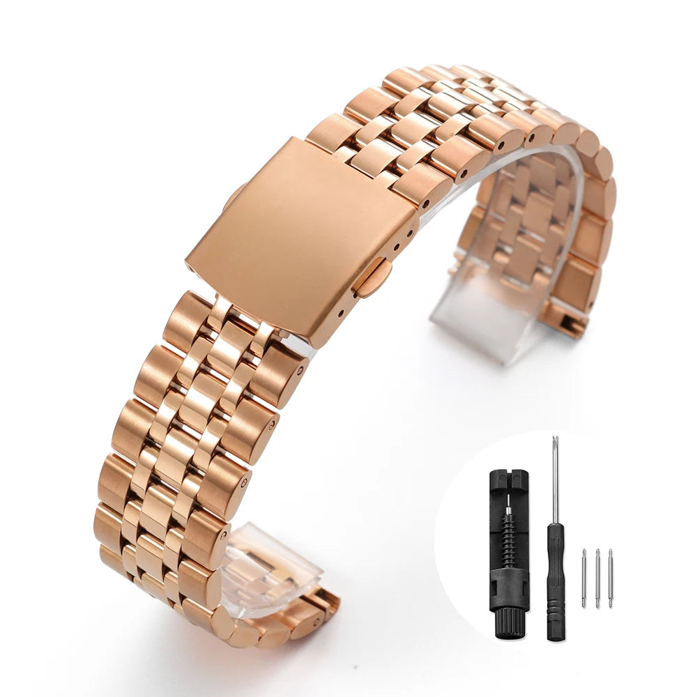 Solid Stainless Steel 5-Link Watch Band 20mm / 22mm – Folding Clasp-ChronoCraft-Viva Timepiece