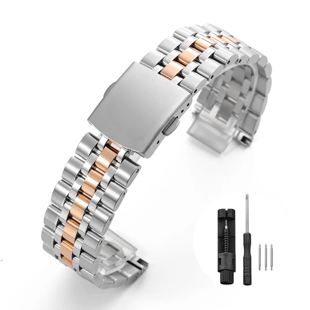 Solid Stainless Steel 5-Link Watch Band 20mm / 22mm – Folding Clasp-ChronoCraft-Viva Timepiece