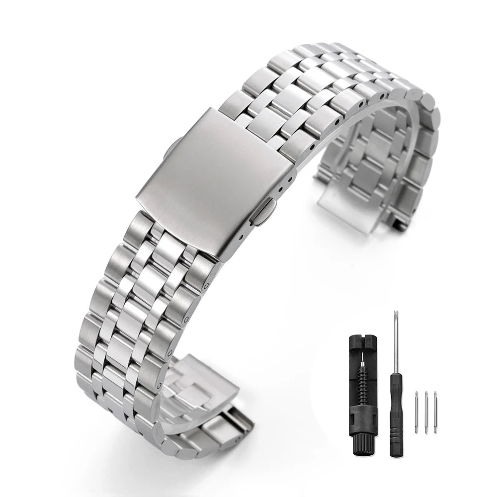 Solid Stainless Steel 5-Link Watch Band 20mm / 22mm – Folding Clasp-ChronoCraft-Viva Timepiece