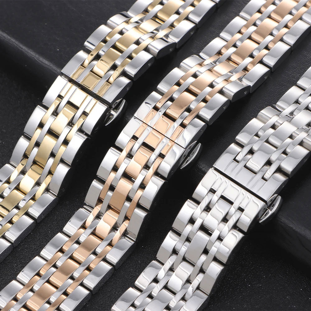 Solid Stainless Steel Jubilee-Style Watch Band with Curved End – 5-Link Bracelet 16–22mm-ChronoCraft-Viva Timepiece