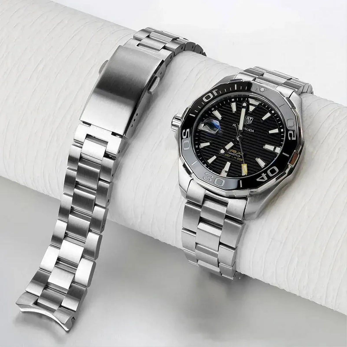Stainless Steel Curved-End Watch Bracelet – Compatible with TAG Heuer Aquaracer 300 WAY211/WAY111-Watch Bands-ChronoCraft-Silver-21.5mm-43mm dial-Viva Timepiece
