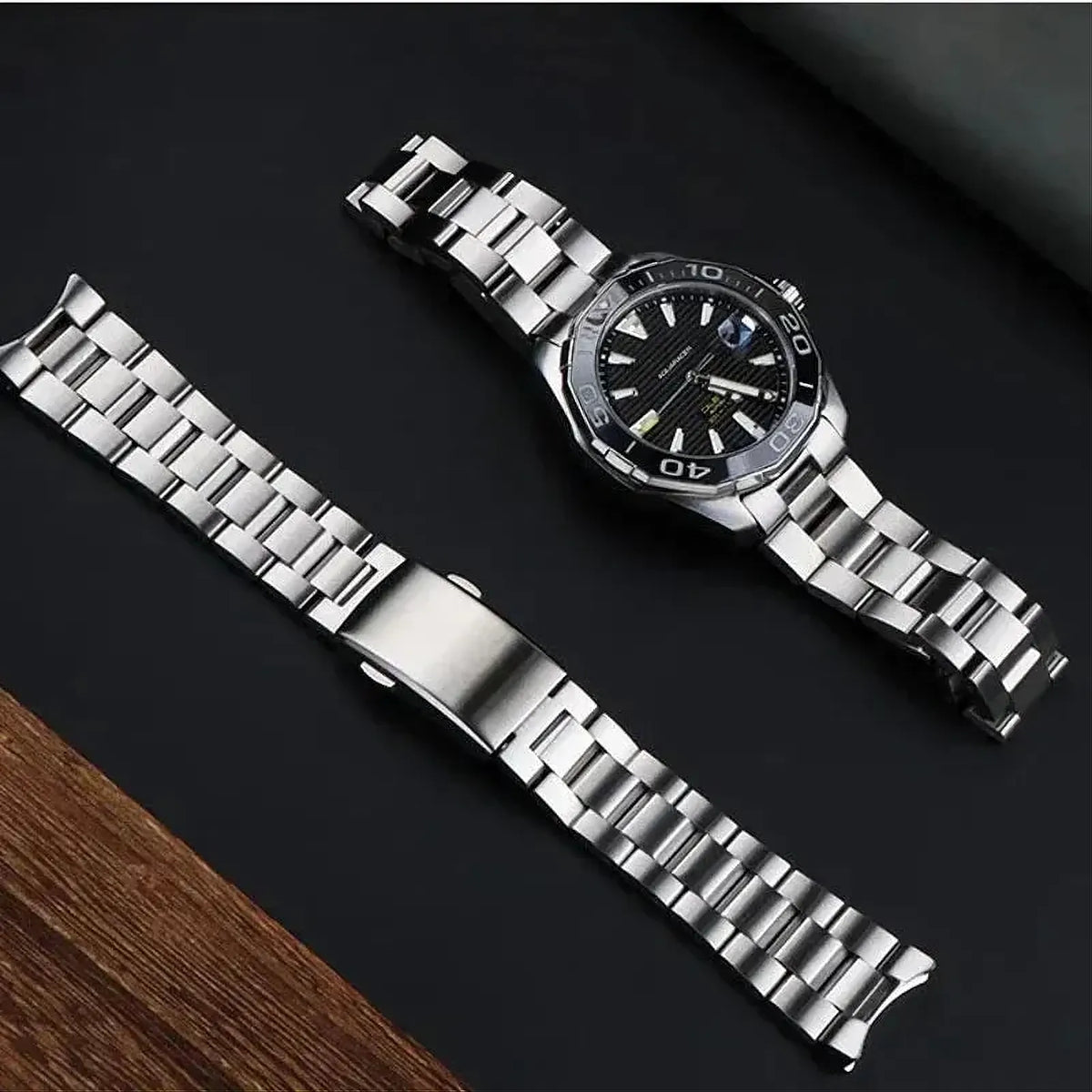 Stainless Steel Curved-End Watch Bracelet – Compatible with TAG Heuer Aquaracer 300 WAY211/WAY111-Watch Bands-ChronoCraft-Silver-21.5mm-43mm dial-Viva Timepiece