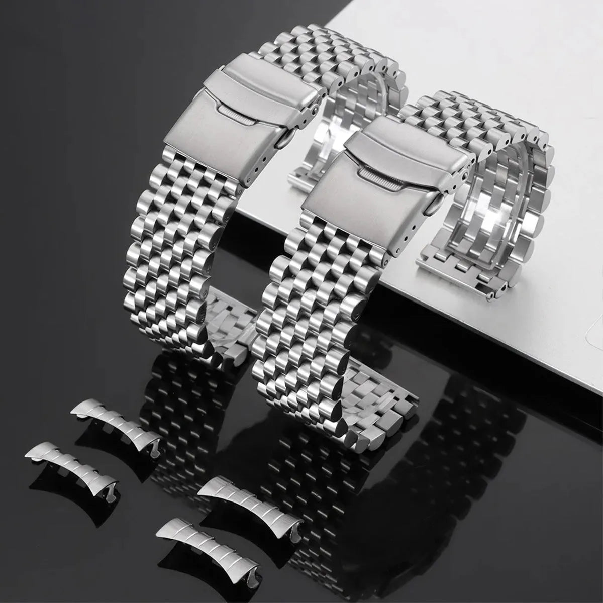 Stainless Steel Multi-Link Watch Bracelet 20mm 22mm – Flat & Curved End-Watch Bands-VivaStraps-Silver-22mm-Viva Timepiece