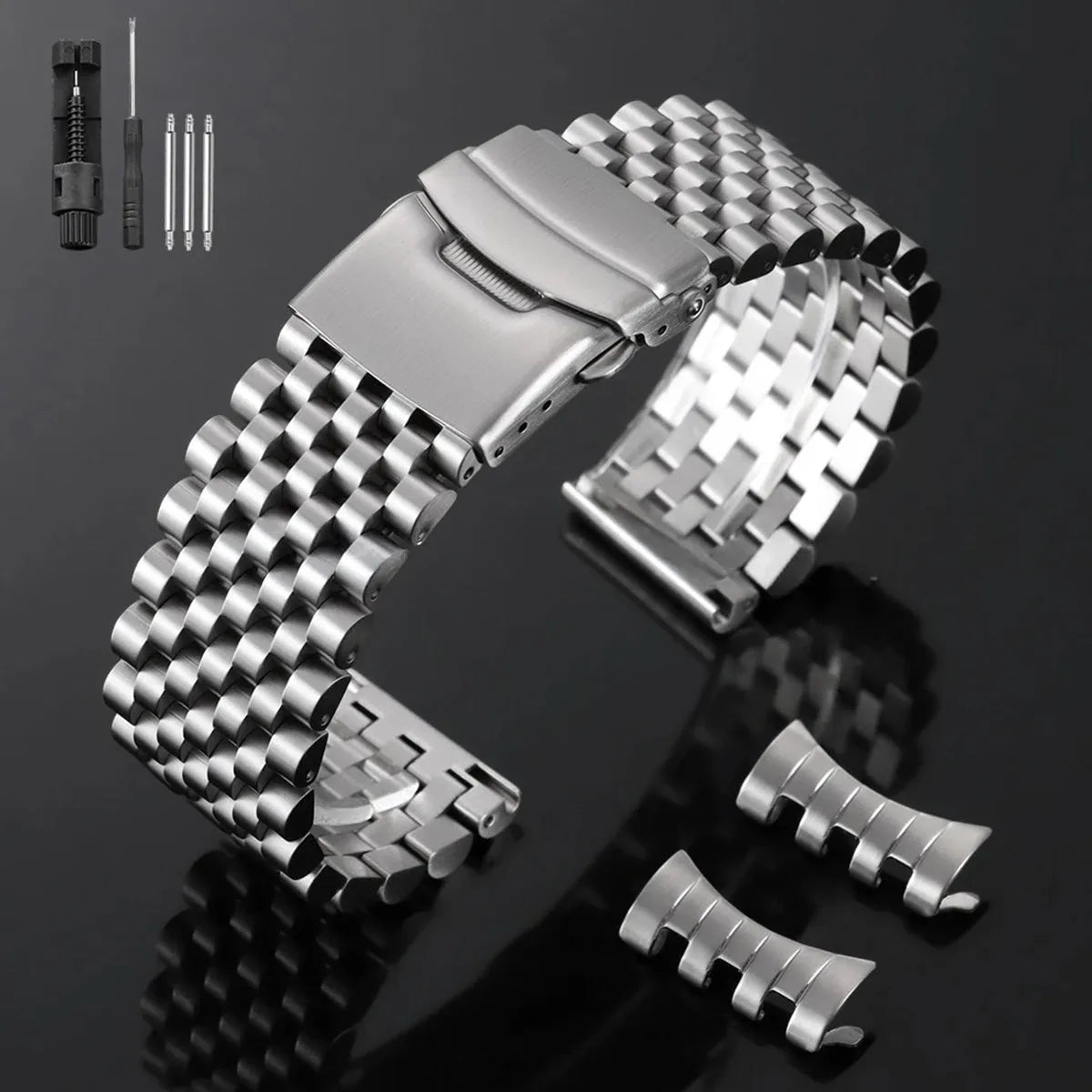 Stainless Steel Multi-Link Watch Bracelet 20mm 22mm – Flat & Curved End-Watch Bands-VivaStraps-Silver-22mm-Viva Timepiece