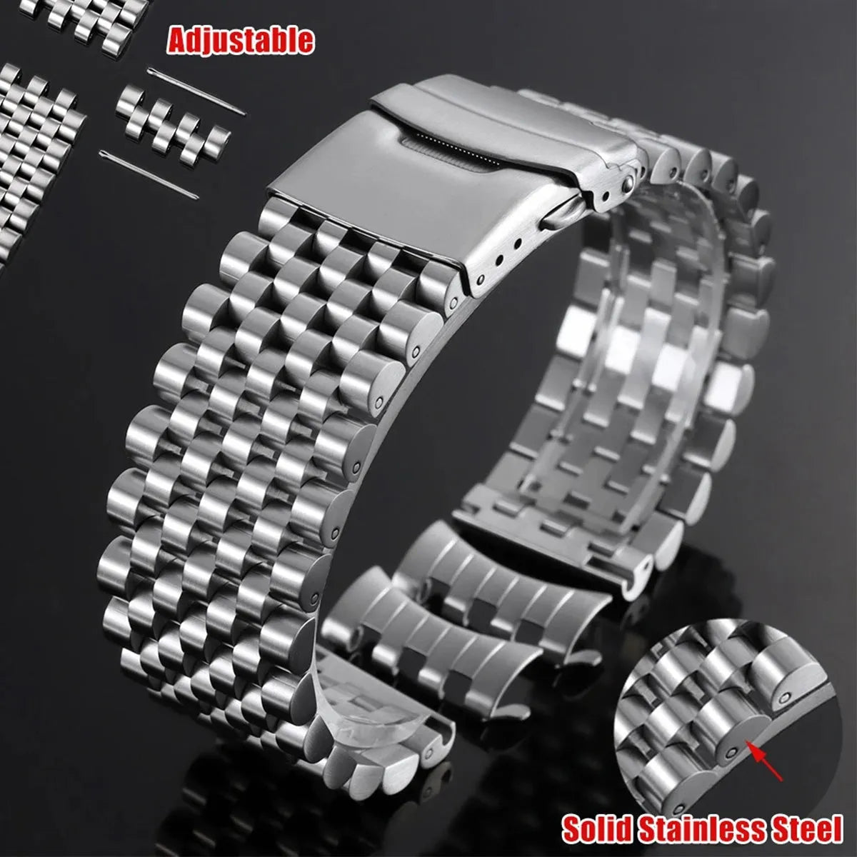 Stainless Steel Multi-Link Watch Bracelet 20mm 22mm – Flat & Curved End-Watch Bands-VivaStraps-Silver-22mm-Viva Timepiece