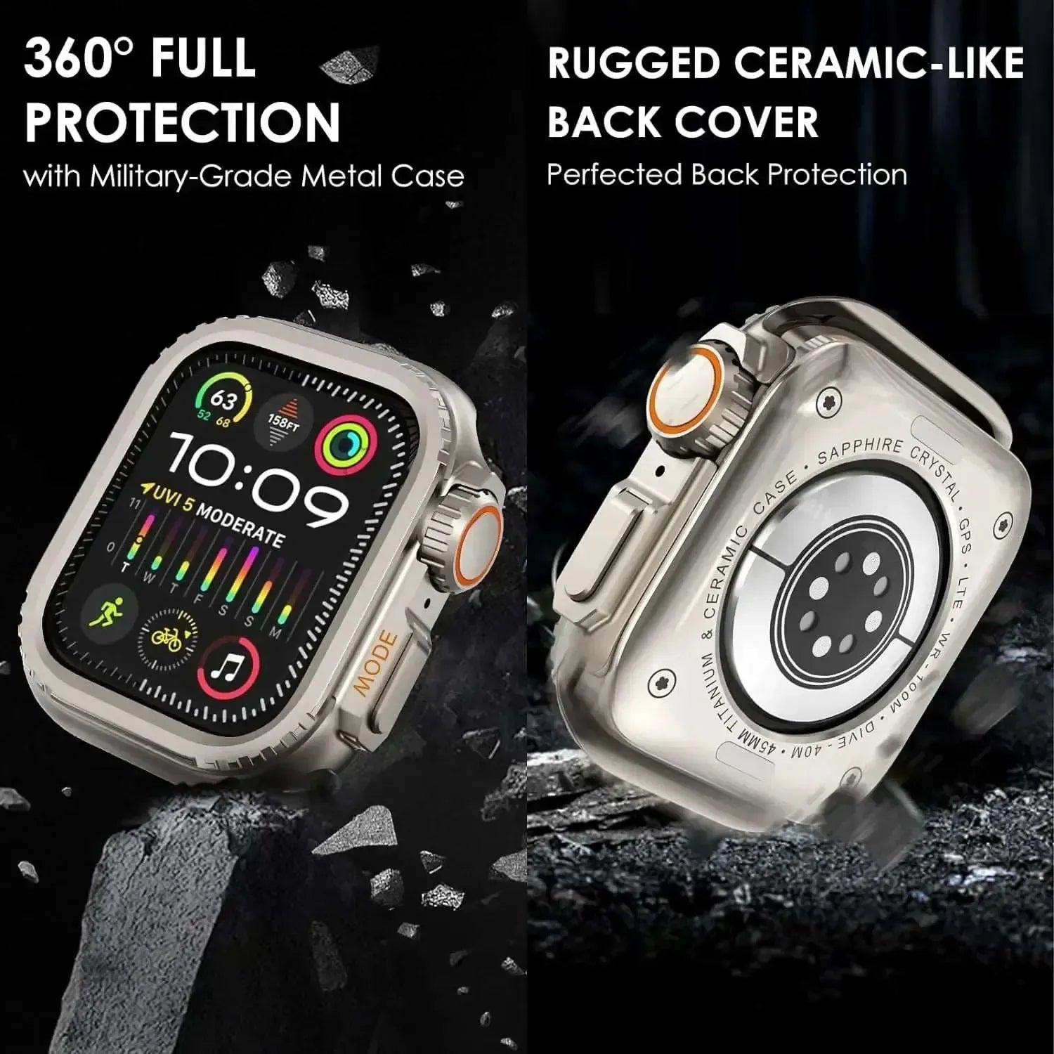Stainless Steel Rugged Metal Case for Apple Watch – Compatible with Series 4–11 & Ultra Models (44mm / 45mm / 49mm)