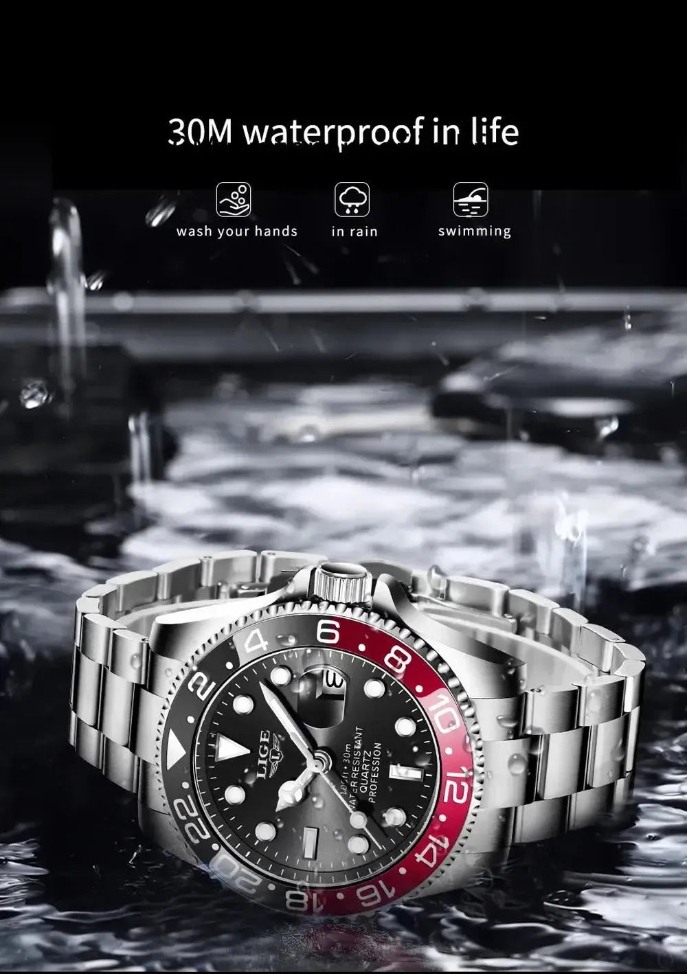 Sub Date Dual-Tone Bezel Quartz Diver Watch-LIGE-Viva Timepiece
