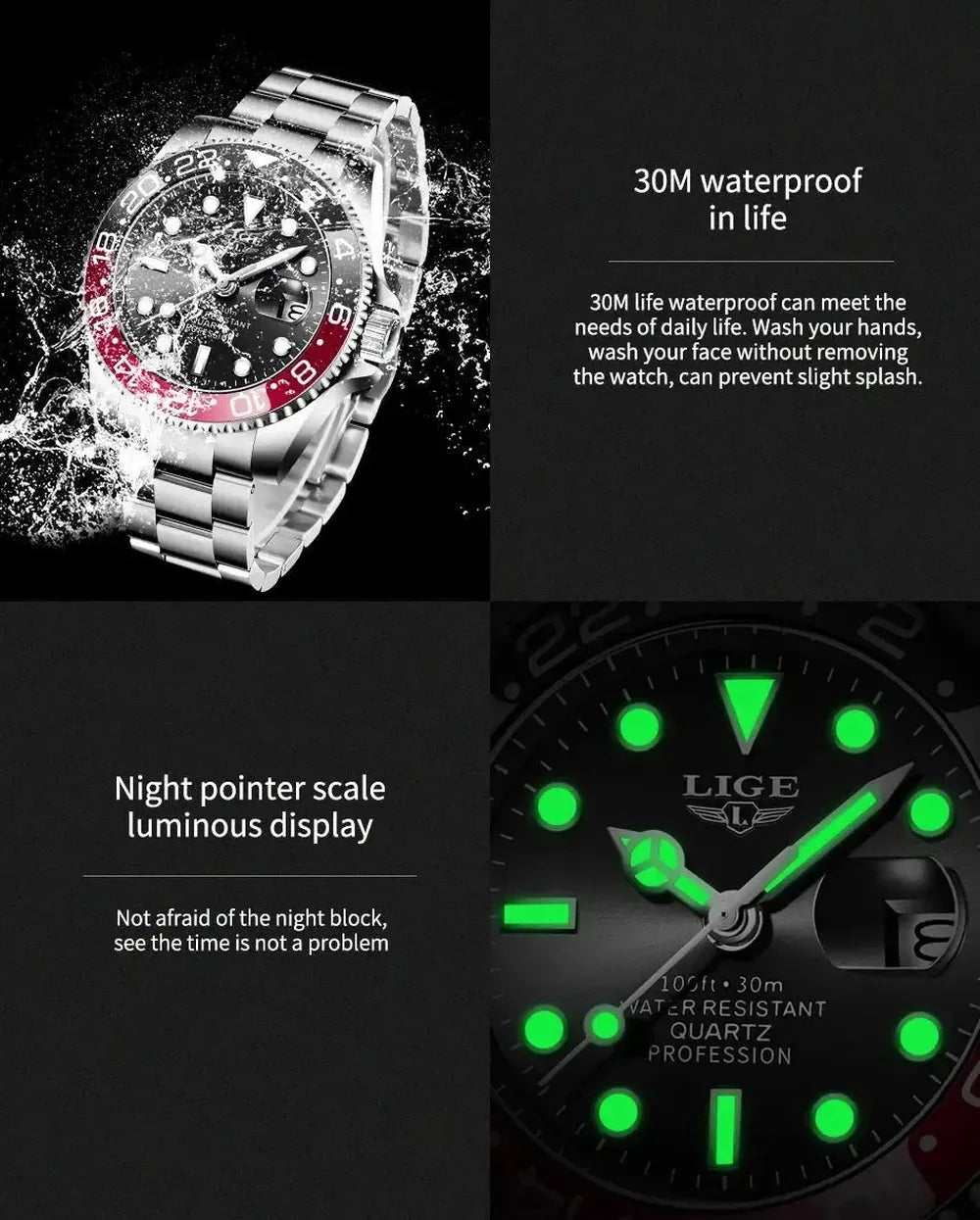 Sub Date Dual-Tone Bezel Quartz Diver Watch-LIGE-Viva Timepiece
