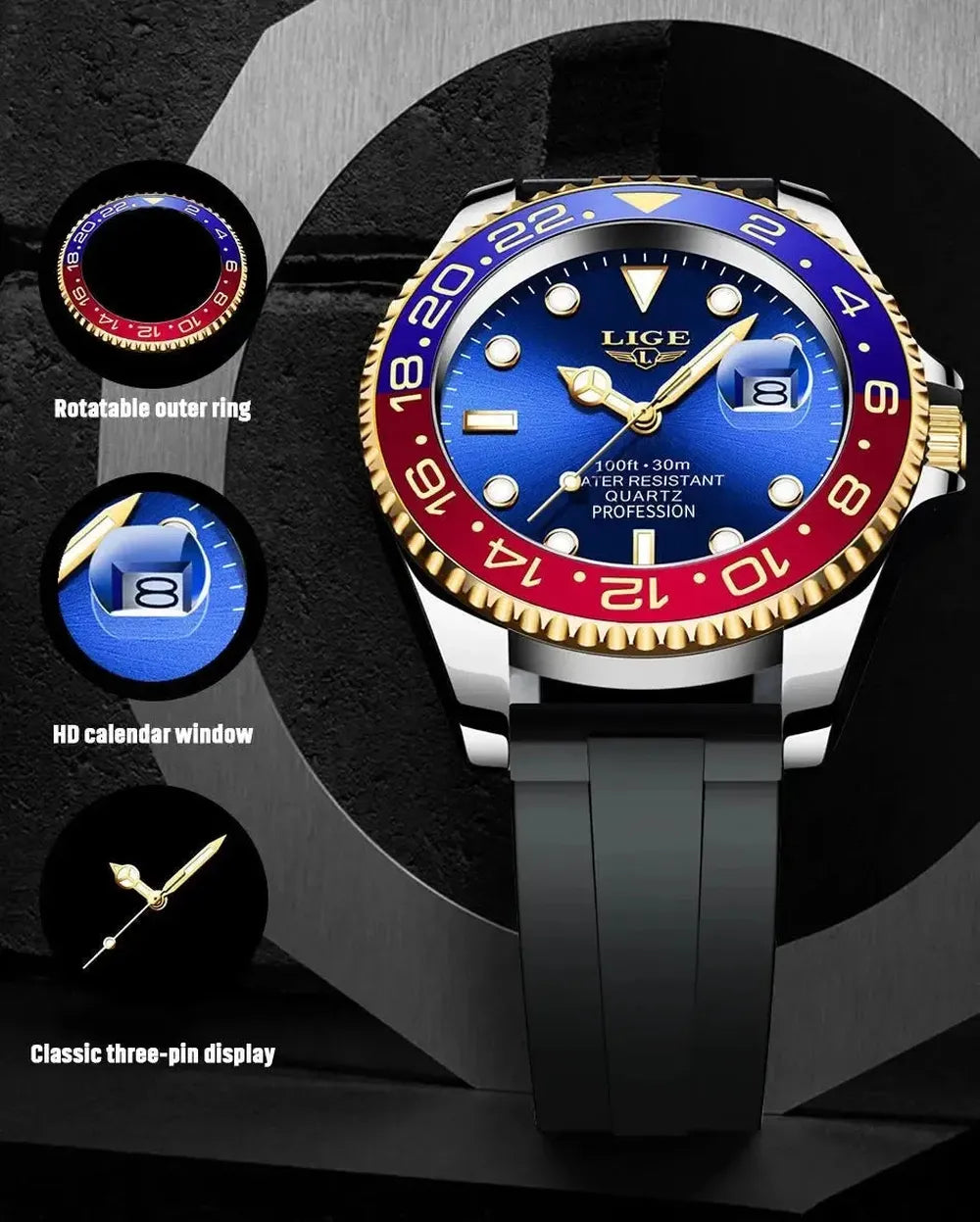 Sub Date Dual-Tone Bezel Quartz Diver Watch-LIGE-Viva Timepiece