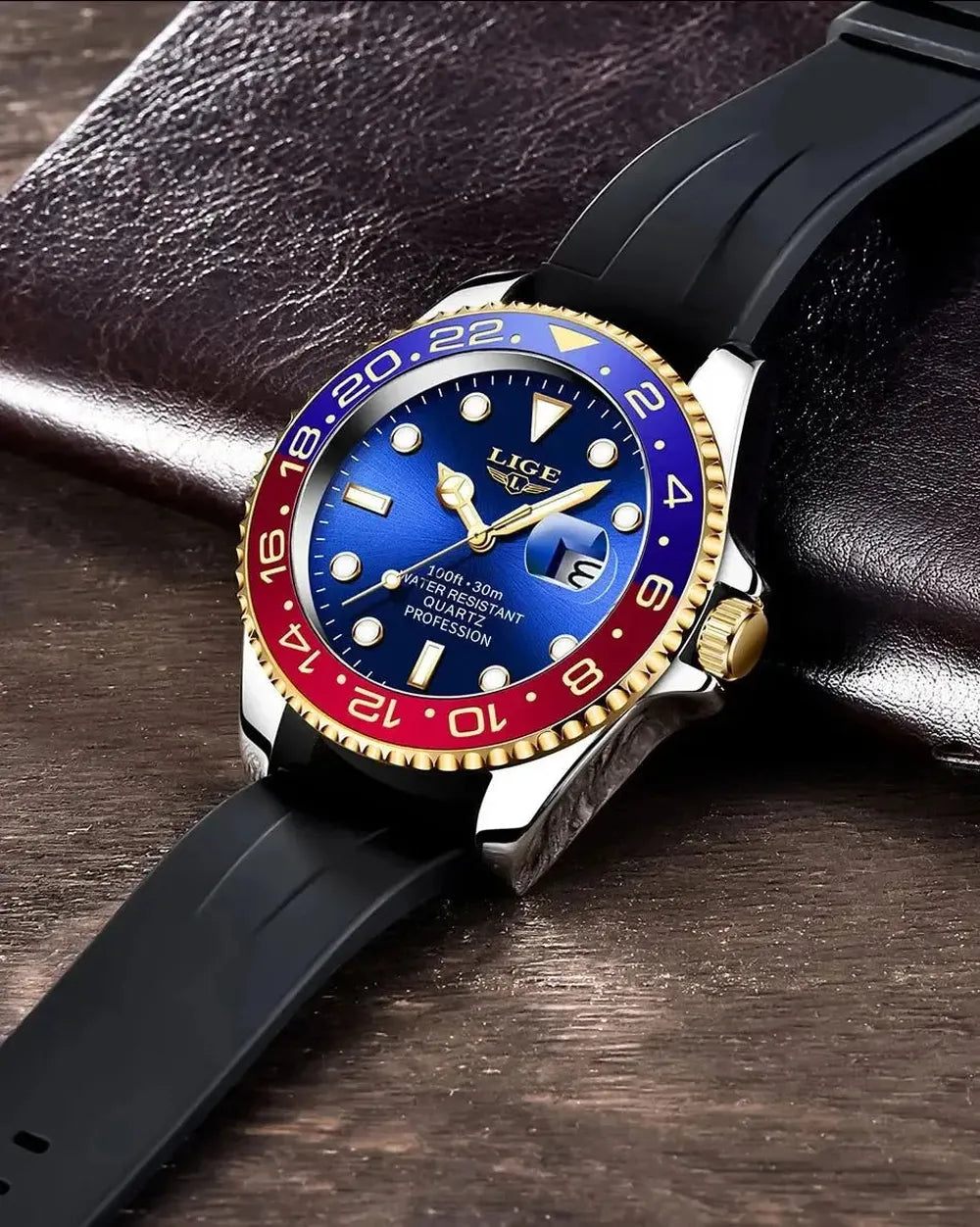 Sub Date Dual-Tone Bezel Quartz Diver Watch-LIGE-Viva Timepiece