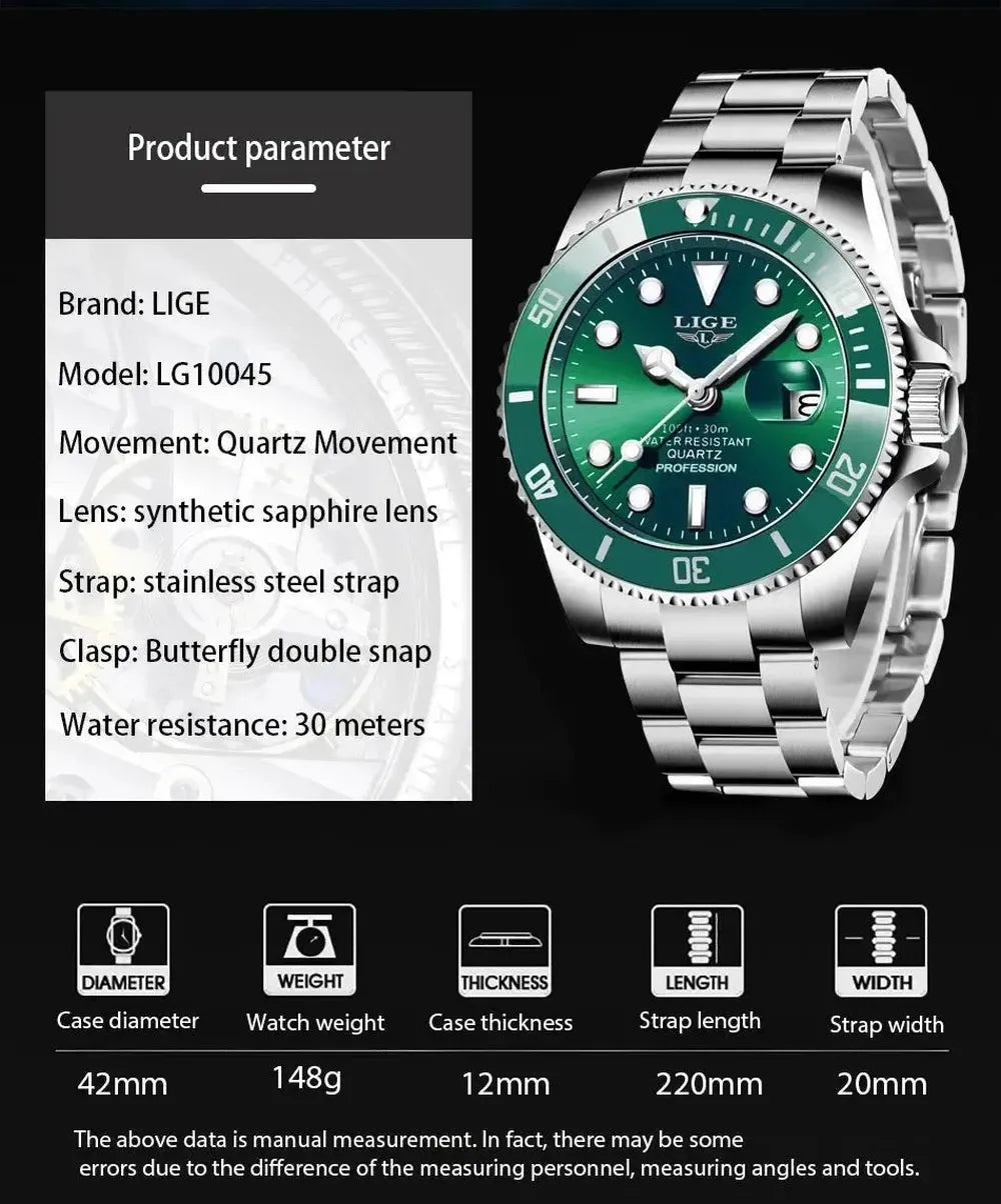 Sub-Date Quartz Diver Watch – 42mm Steel Bracelet-LIGE-Viva Timepiece