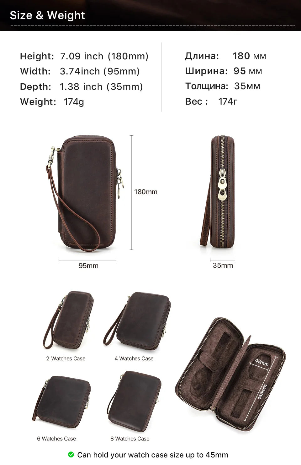 Vintage Leather Watch Travel Case Zipper Pouch (2–8 Slots)-VivaPort-Viva Timepiece