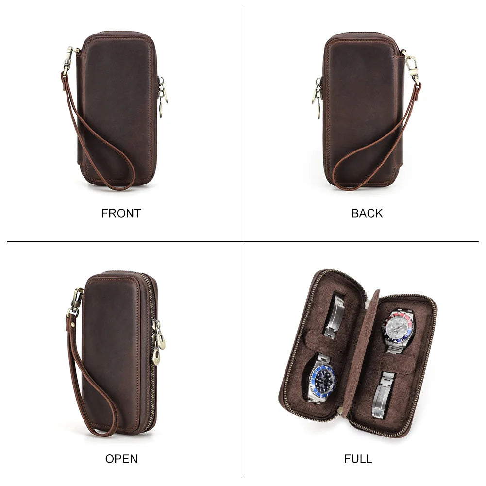 Vintage Leather Watch Travel Case Zipper Pouch (2–8 Slots)-VivaPort-Viva Timepiece