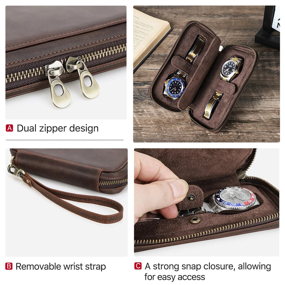 Vintage Leather Watch Travel Case Zipper Pouch (2–8 Slots)-VivaPort-Viva Timepiece