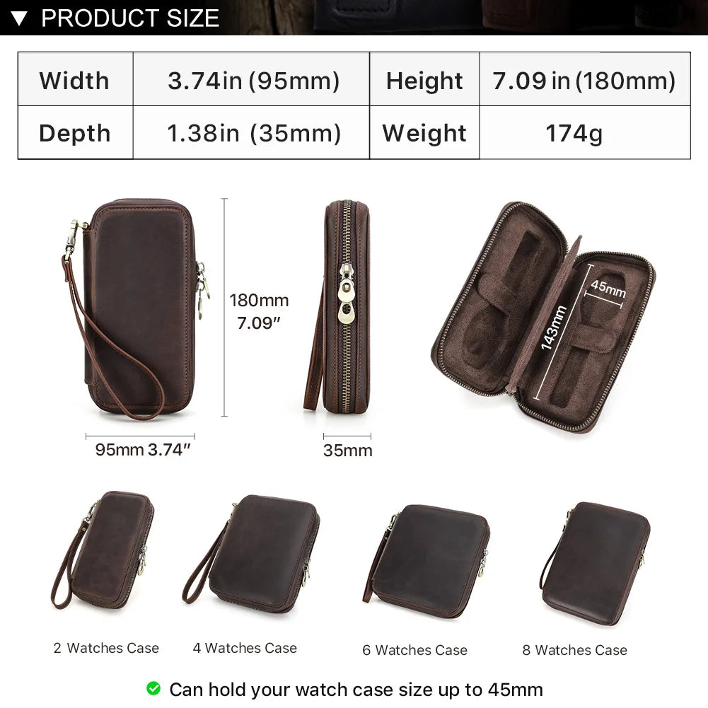 Vintage Leather Watch Travel Case Zipper Pouch (2–8 Slots)-VivaPort-Viva Timepiece