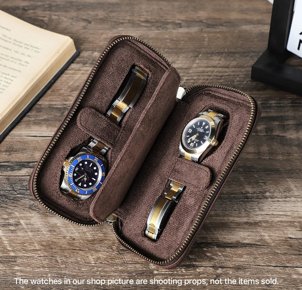 Vintage Leather Watch Travel Case Zipper Pouch (2–8 Slots)-VivaPort-Viva Timepiece