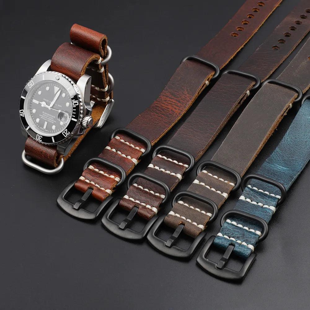 Vintage Leather Strap Zulu 5 Rings Watch Bands Replacement 18 24 MM Viva Timepiece