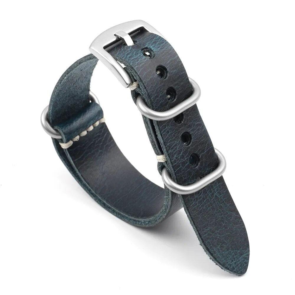 Vintage Leather Strap Zulu 5 Rings Watch Bands Dark blue Steel - VivaStraps | Viva Timepiece