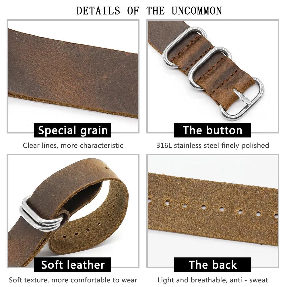Vintage Premium Leather Strap Zulu 5 Rings Watch Straps