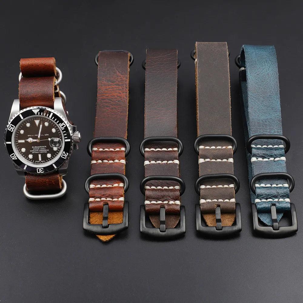 Vintage Leather Strap Zulu 5 Rings Watch Bands Replacement 18-24 MM – Viva  Timepiece