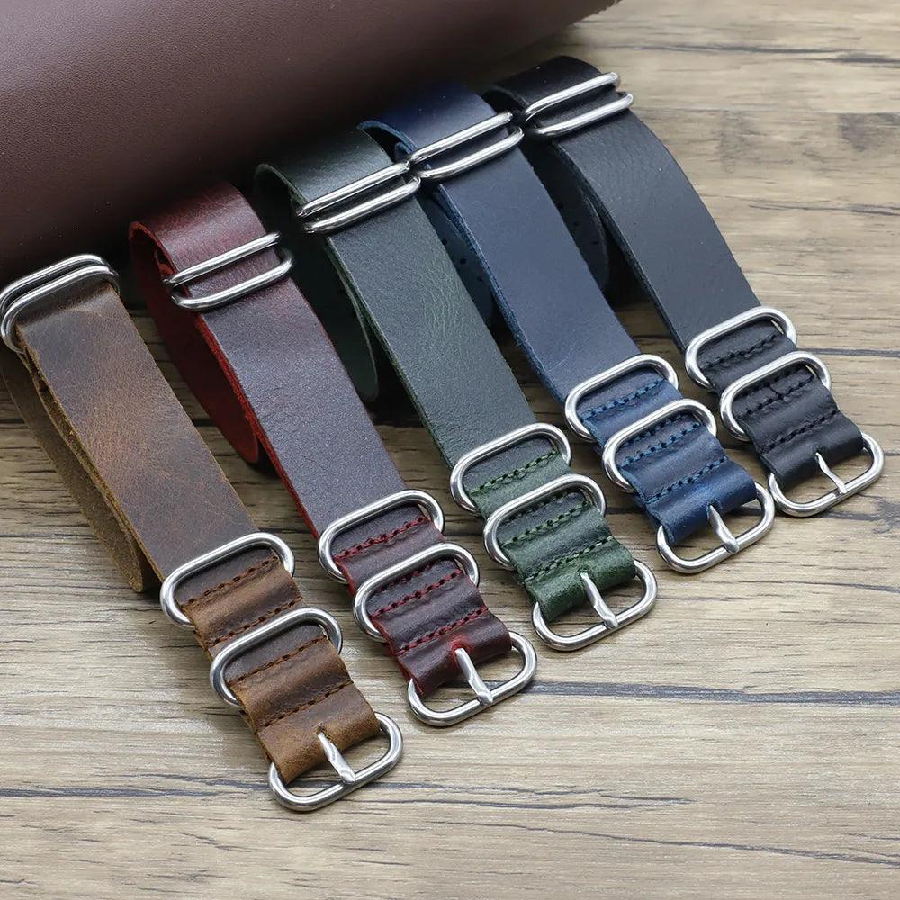 Vintage Leather Strap Zulu 5 Rings Watch Bands Replacement 18 24 MM Viva Timepiece