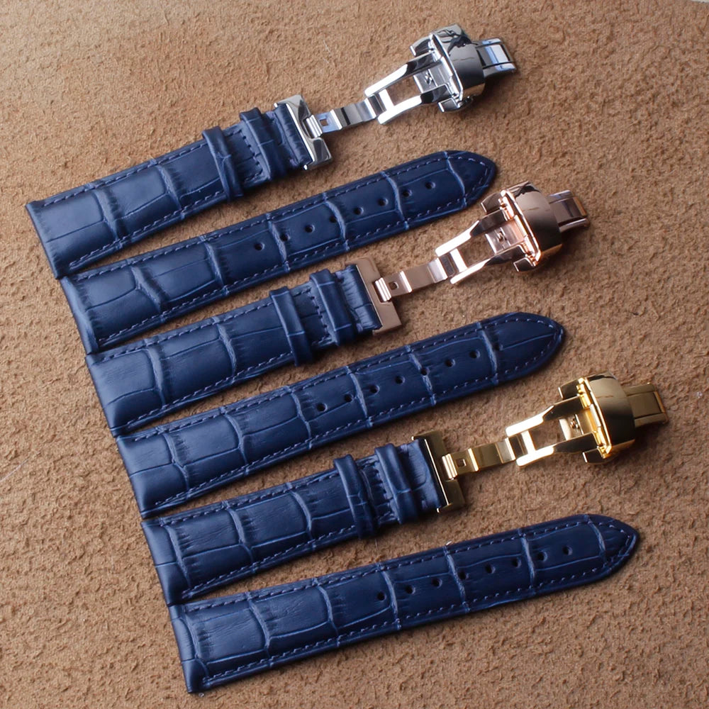 Blue Alligator Grain Leather Watch Strap with Butterfly Clasp 12mm–23mm-Watch Bands-VivaStraps-Rosegold buckle-15mm-Viva Timepiece