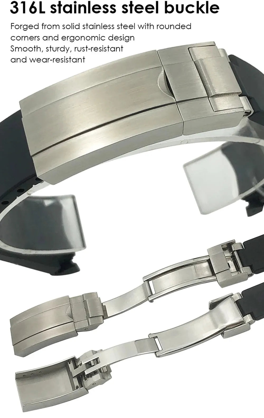 Curved-End Silicone Rubber Watch Strap – 19mm / 20mm, Stainless Steel Deployment Clasp-Straptique-Viva Timepiece