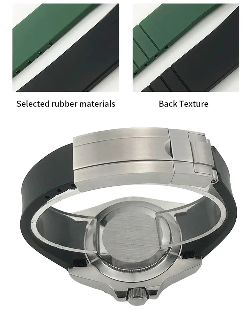 Curved-End Silicone Rubber Watch Strap – 21mm / 22mm, Stainless Steel Deployment Clasp-Straptique-Viva Timepiece