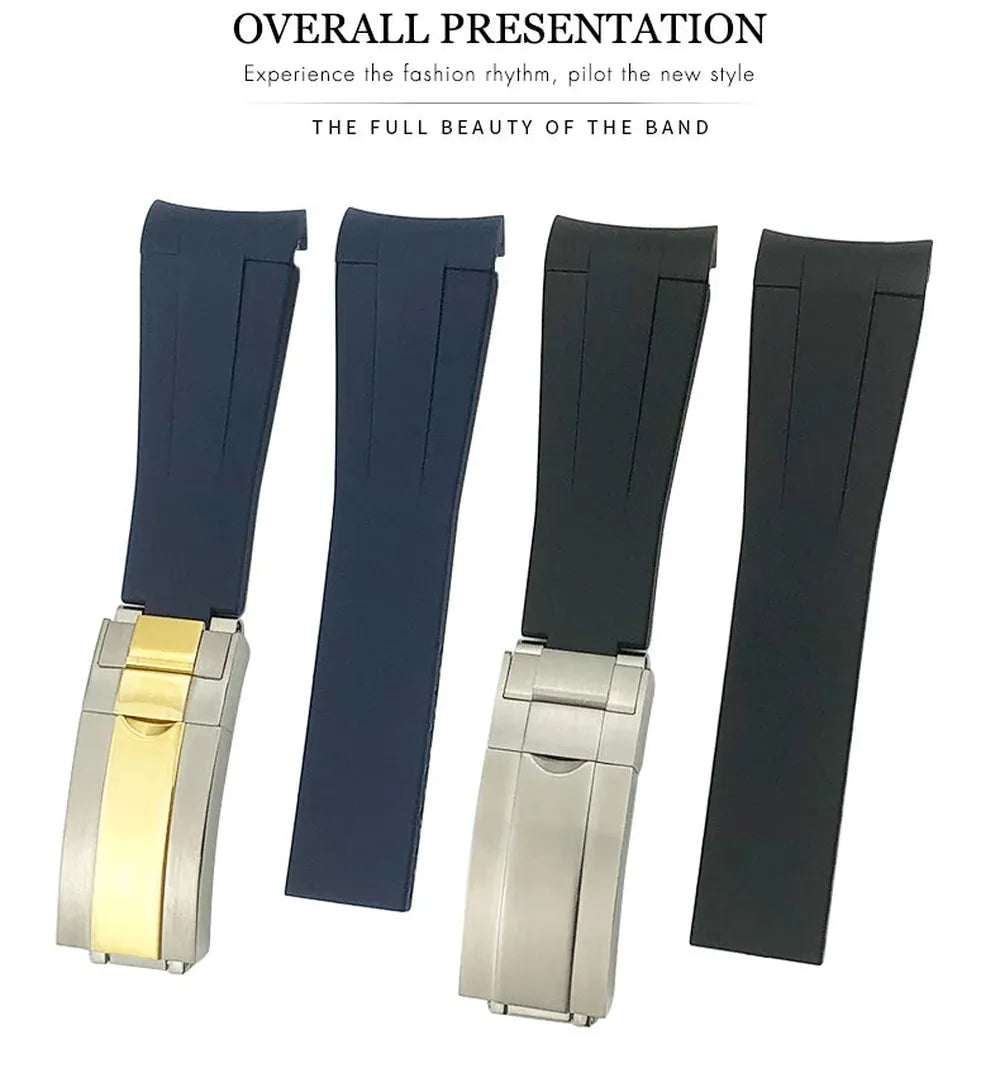 Curved-End Silicone Rubber Watch Strap – 21mm / 22mm, Stainless Steel Deployment Clasp-Straptique-Viva Timepiece