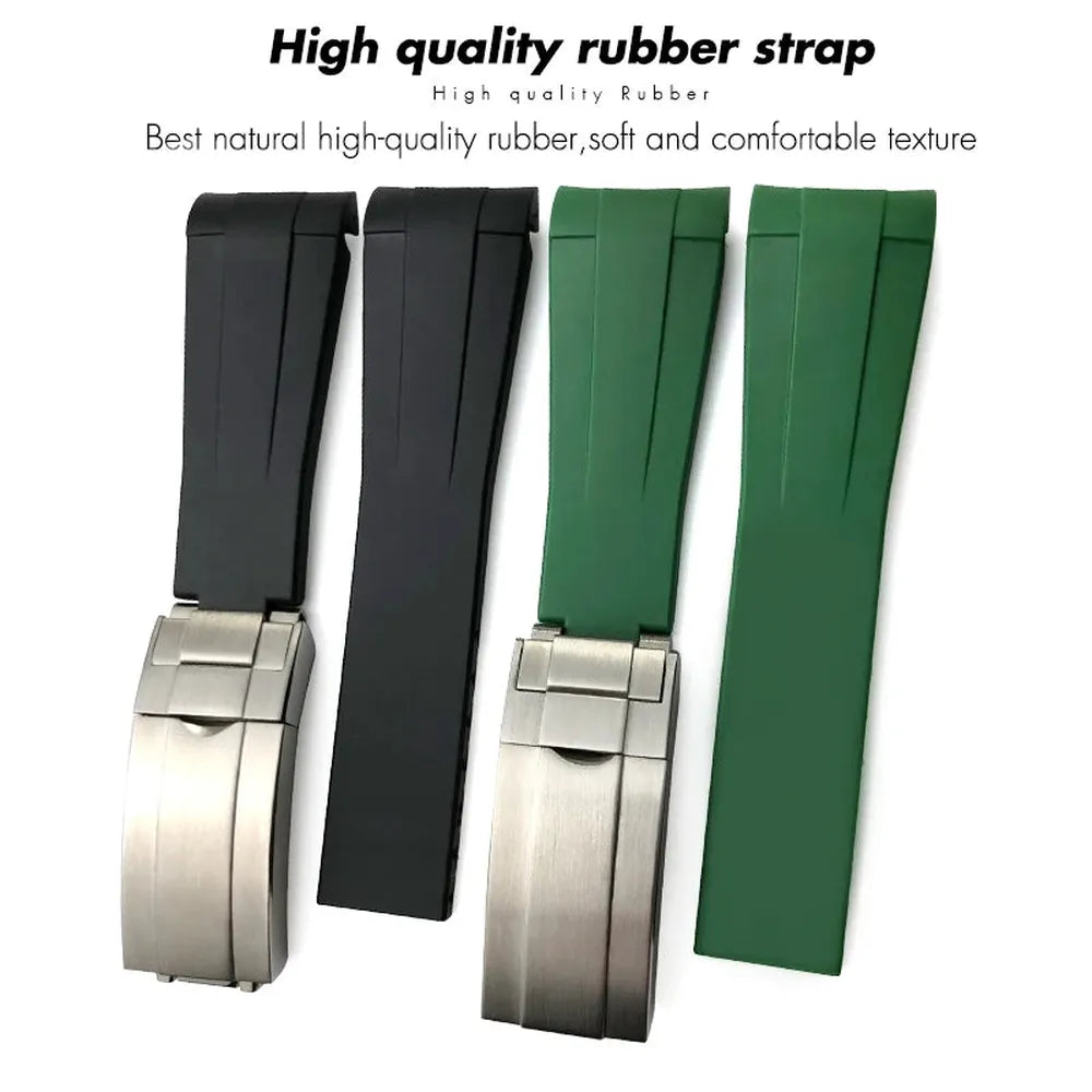 Curved-End Silicone Rubber Watch Strap – 21mm / 22mm, Stainless Steel Deployment Clasp-Straptique-Viva Timepiece