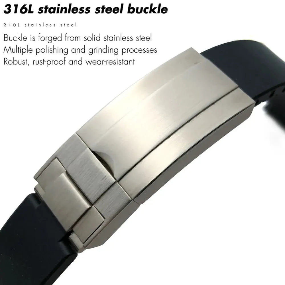 Curved-End Silicone Rubber Watch Strap – 21mm / 22mm, Stainless Steel Deployment Clasp-Straptique-Viva Timepiece