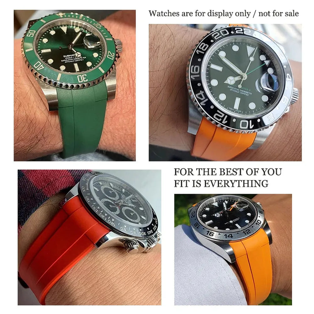 Curved-End Silicone Rubber Watch Strap – 21mm / 22mm, Stainless Steel Deployment Clasp-Straptique-Viva Timepiece