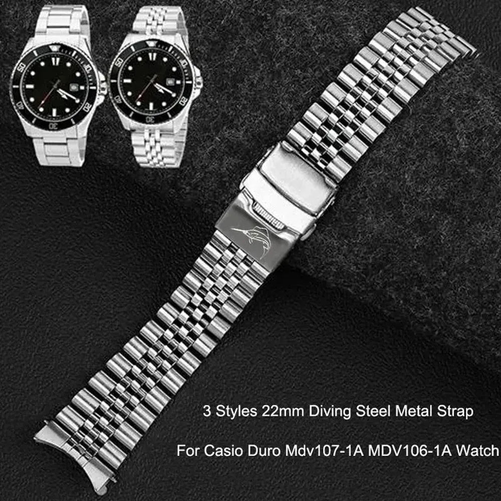 Curved-End Stainless Steel Bracelet 22mm – Compatible with Casio Duro MDV106 / MDV107-ChronoCraft-Viva Timepiece