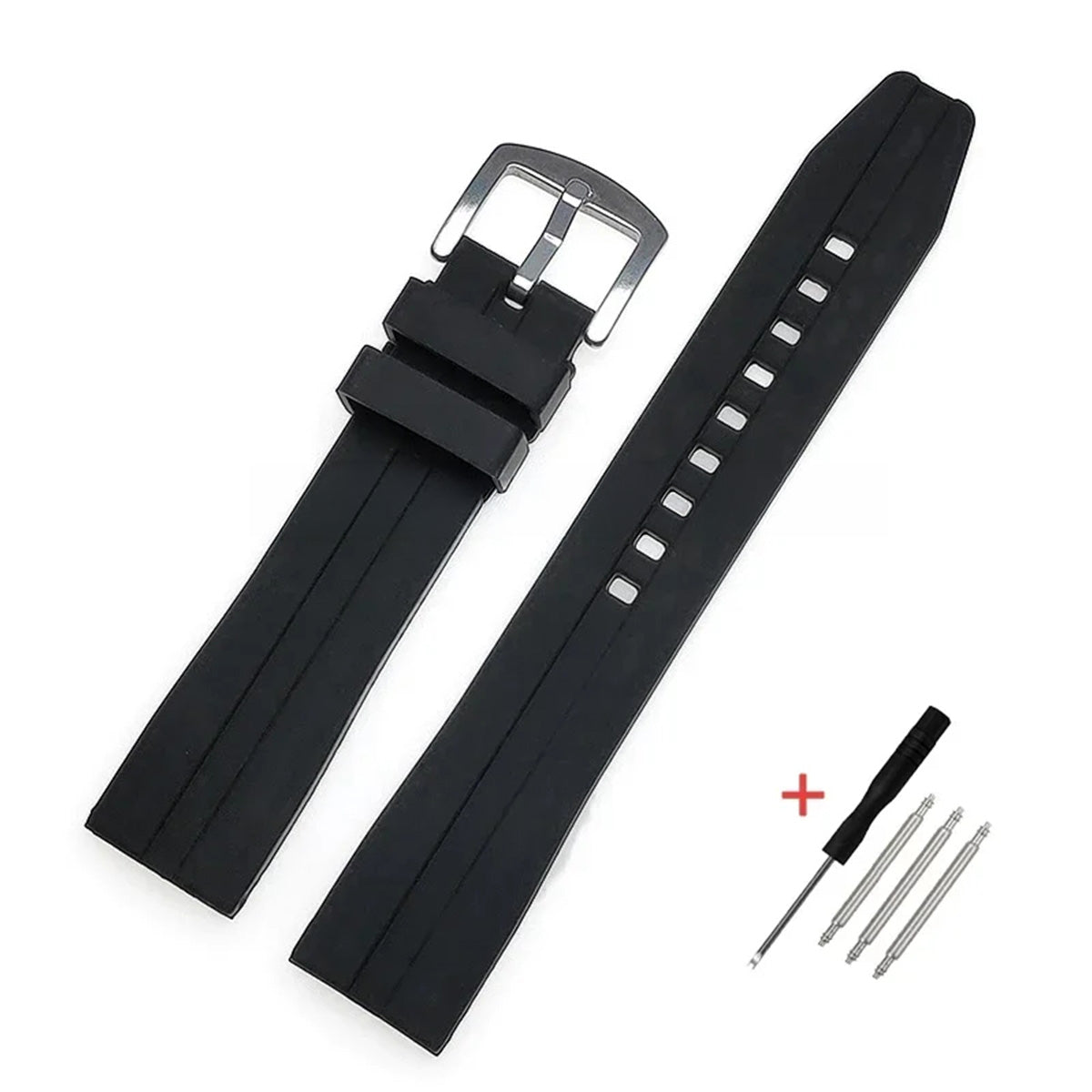 Extended Length Silicone Watch Band Compatible with 20mm / 22mm Watches – XL Waterproof Strap-XL Watch Bands-VivaStraps-Black-Silver-20mm-Viva Timepiece