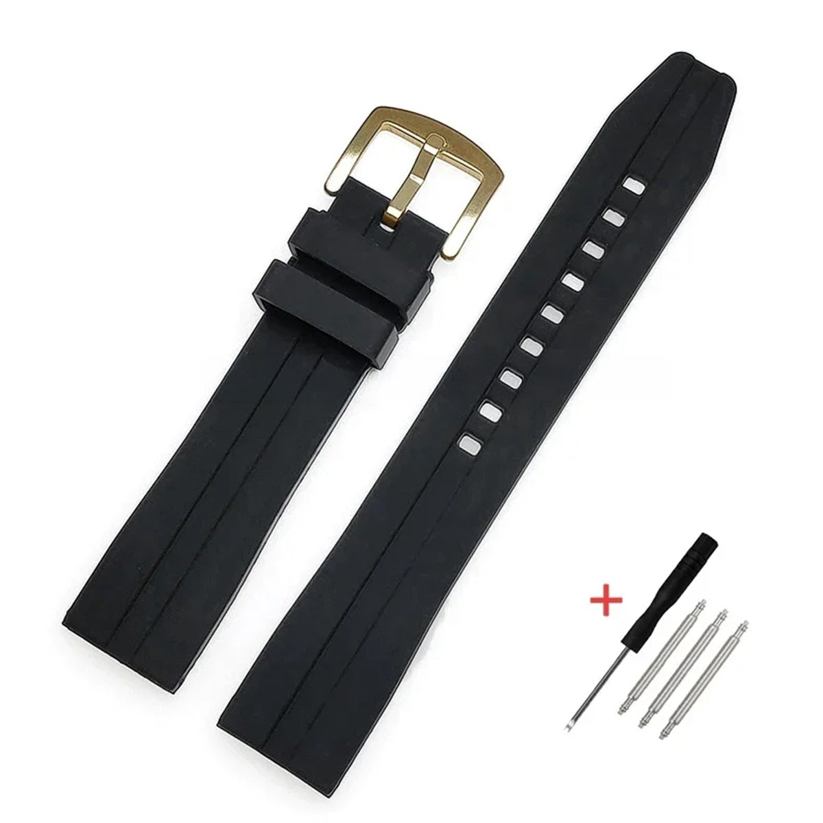 Extended Length Silicone Watch Band Compatible with 20mm / 22mm Watches – XL Waterproof Strap-XL Watch Bands-VivaStraps-Black-Gold-20mm-Viva Timepiece