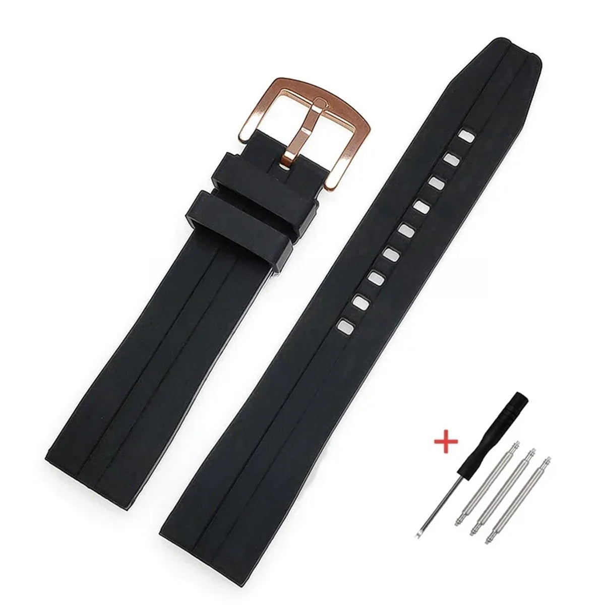 Extended Length Silicone Watch Band Compatible with 20mm / 22mm Watches – XL Waterproof Strap-XL Watch Bands-VivaStraps-Black-Rosegold-20mm-Viva Timepiece