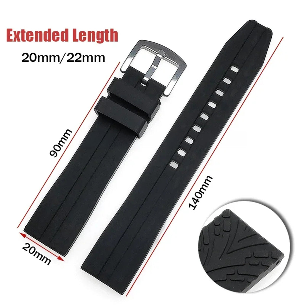 Extended Length Silicone Watch Band Compatible with 20mm / 22mm Watches – XL Waterproof Strap-XL Watch Bands-VivaStraps-Viva Timepiece