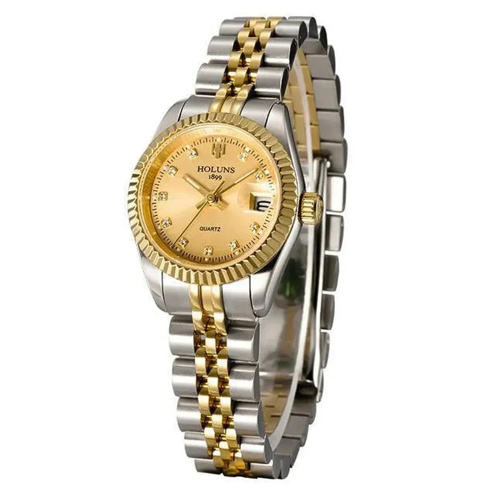 Holuns 28mm Ladies Quartz Dress Watch – Fluted Bezel, Jubilee Bracelet-Holuns-Viva Timepiece