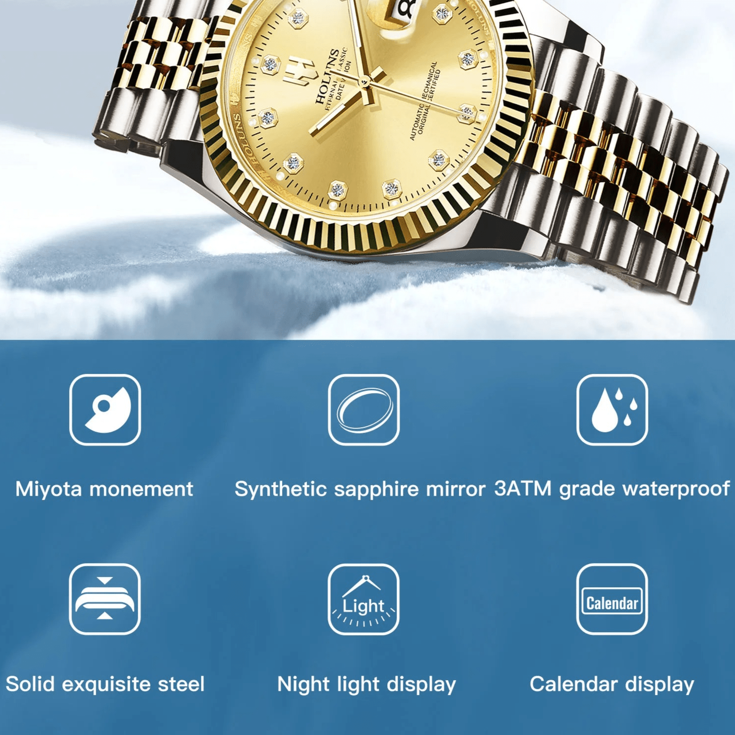 Holuns Automatic 36mm / 41mm Classic Dress Watch – Fluted Bezel, Sapphire, Jubilee Bracelet-Holuns-Viva Timepiece
