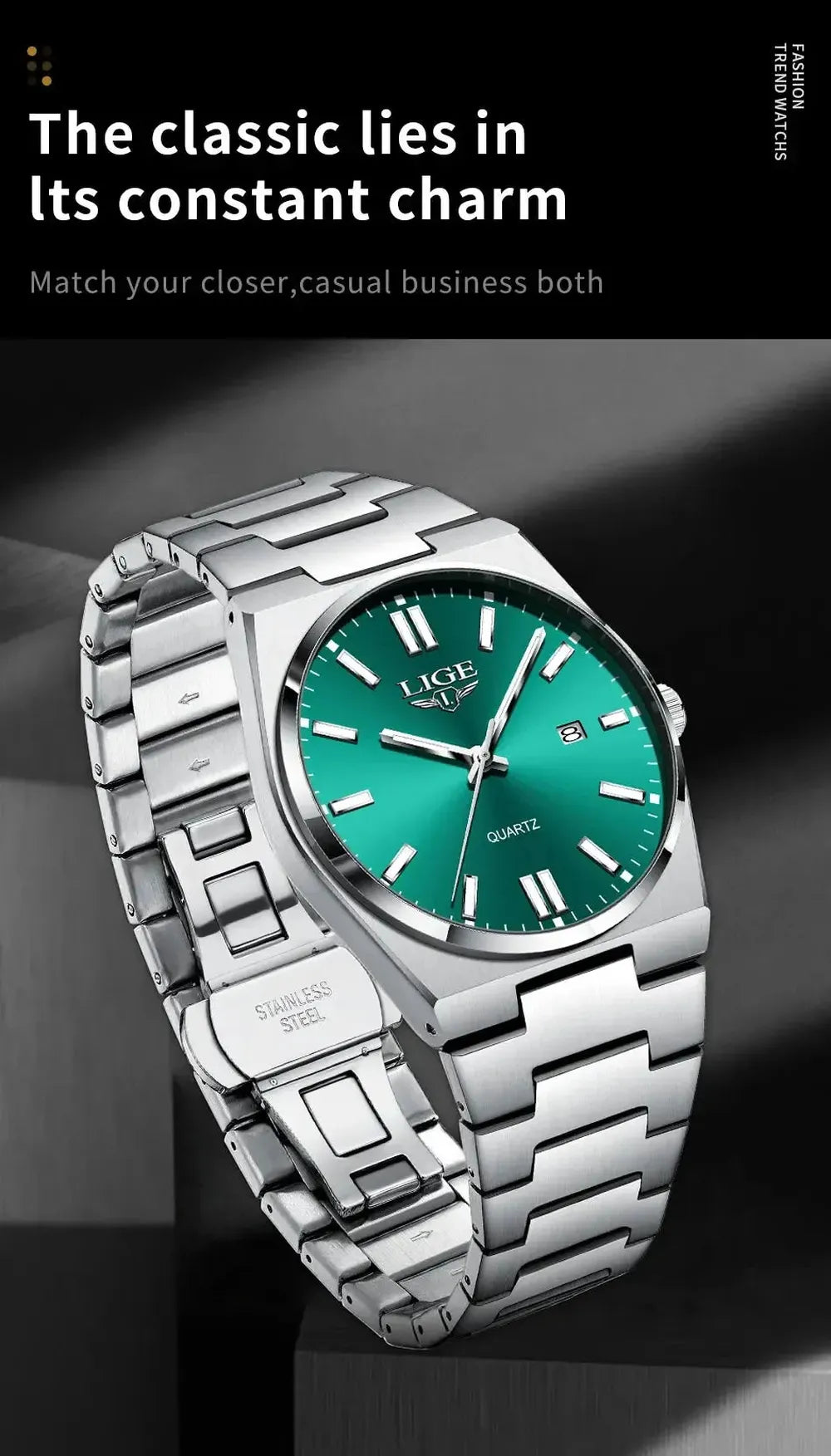 LIGE 40mm Classic Quartz Dress Watch – Stainless Steel, Date Display-LIGE-Viva Timepiece