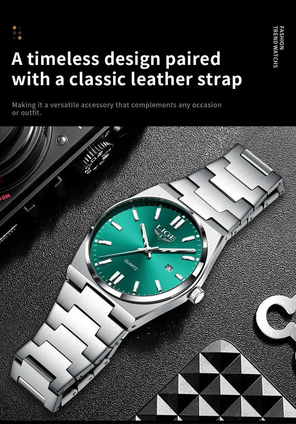 LIGE 40mm Classic Quartz Dress Watch – Stainless Steel, Date Display-LIGE-Viva Timepiece