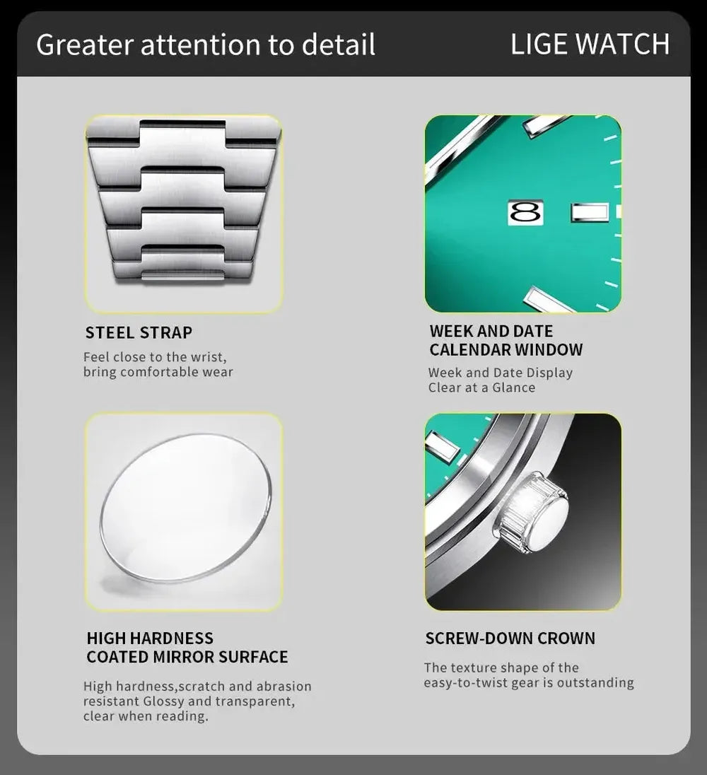 LIGE 40mm Classic Quartz Dress Watch – Stainless Steel, Date Display-LIGE-Viva Timepiece