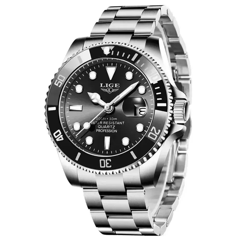 LIGE 42mm Quartz Diver Watch – Sapphire-Coated Crystal, Steel Bracelet-LIGE-Viva Timepiece