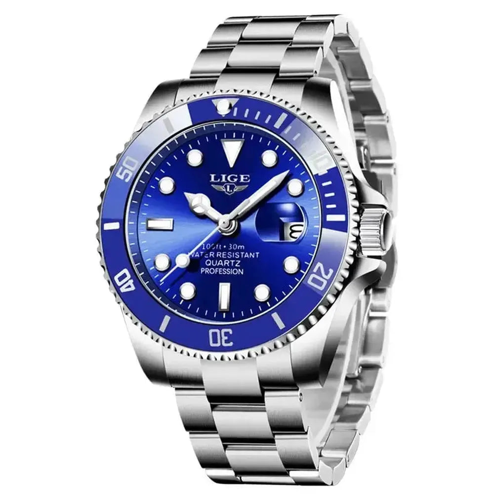 LIGE 42mm Quartz Diver Watch – Sapphire-Coated Crystal, Steel Bracelet-LIGE-Viva Timepiece