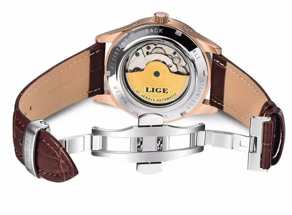 LIGE 43mm Automatic Mechanical Watch – Open Balance, Leather Strap-LIGE-Viva Timepiece