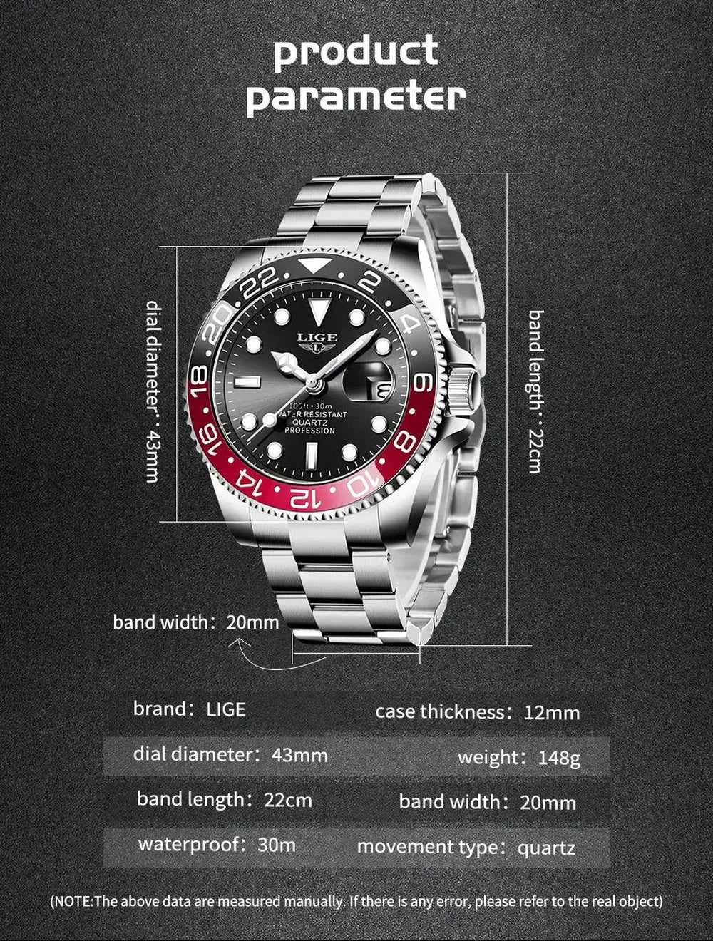 LIGE 43mm Quartz Sport Watch – Dual-Tone Decorative Bezel, Date Display-LIGE-Viva Timepiece